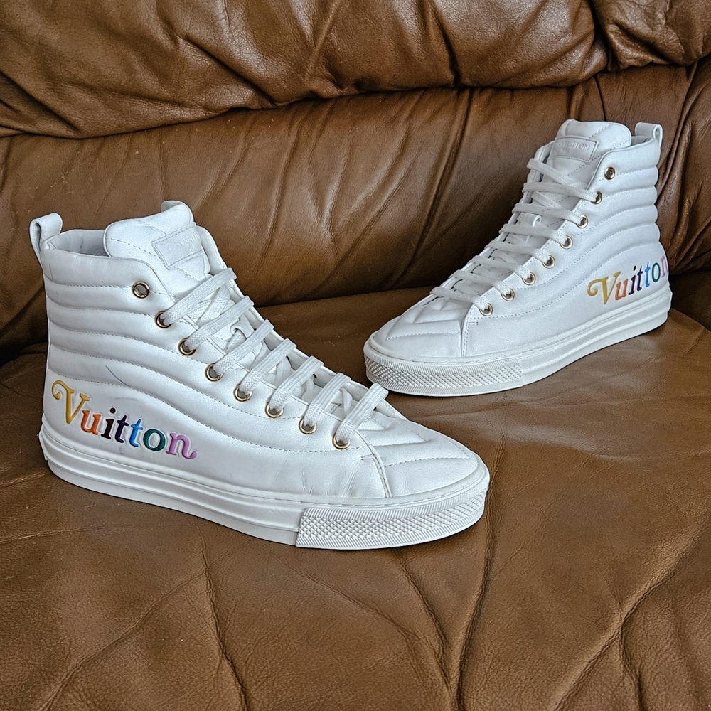 Women's Louis Vuitton White Leather Rainbow Logo Hightop Sneakers Size 6.5 US - Picture 9 of 16